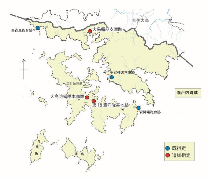 既指定および追加指定遺跡を記した瀬戸内町全域図