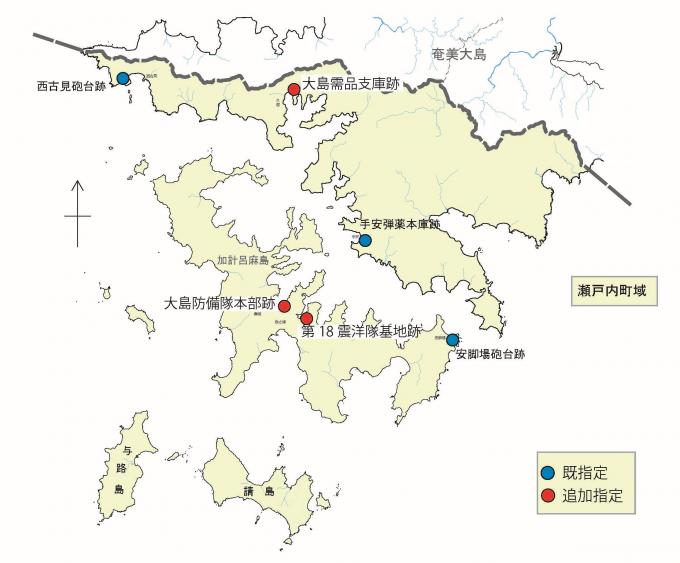 既指定および追加指定遺跡を記した瀬戸内町全域図